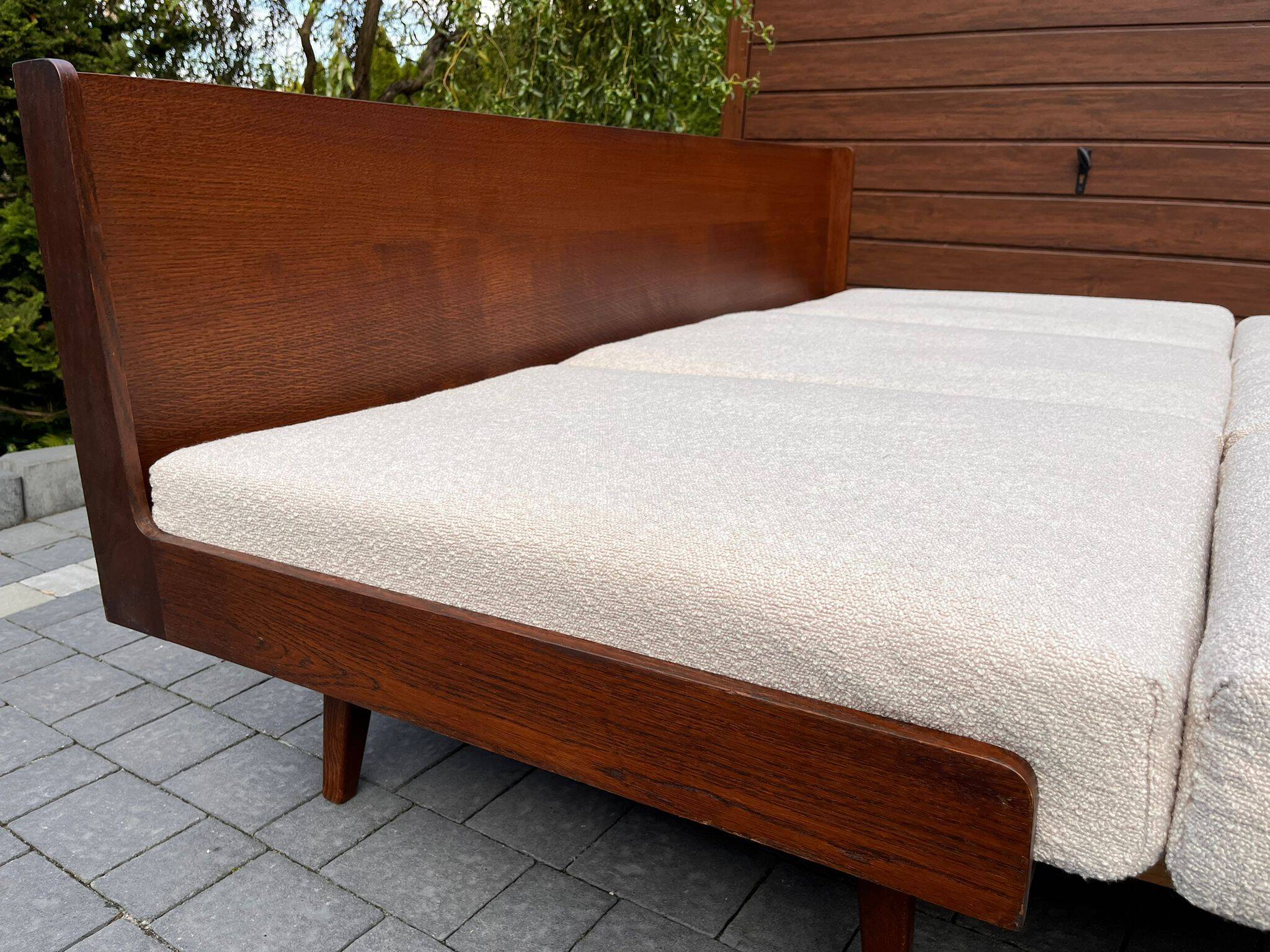 Jitona sobeslav sofa bed in walnut & boucle fabric, vintage czech 1960s