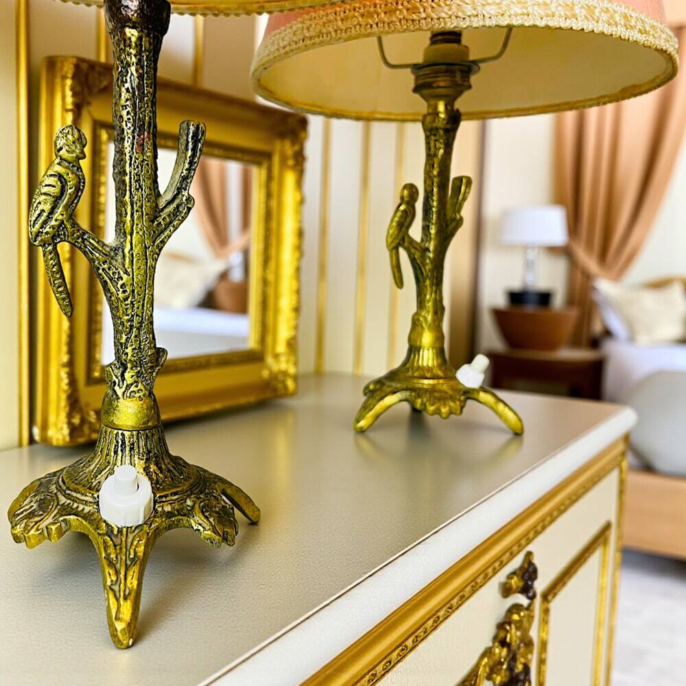 Pair rustic brass bird table lamps with pink lampshades