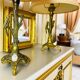 Pair rustic brass bird table lamps with pink lampshades