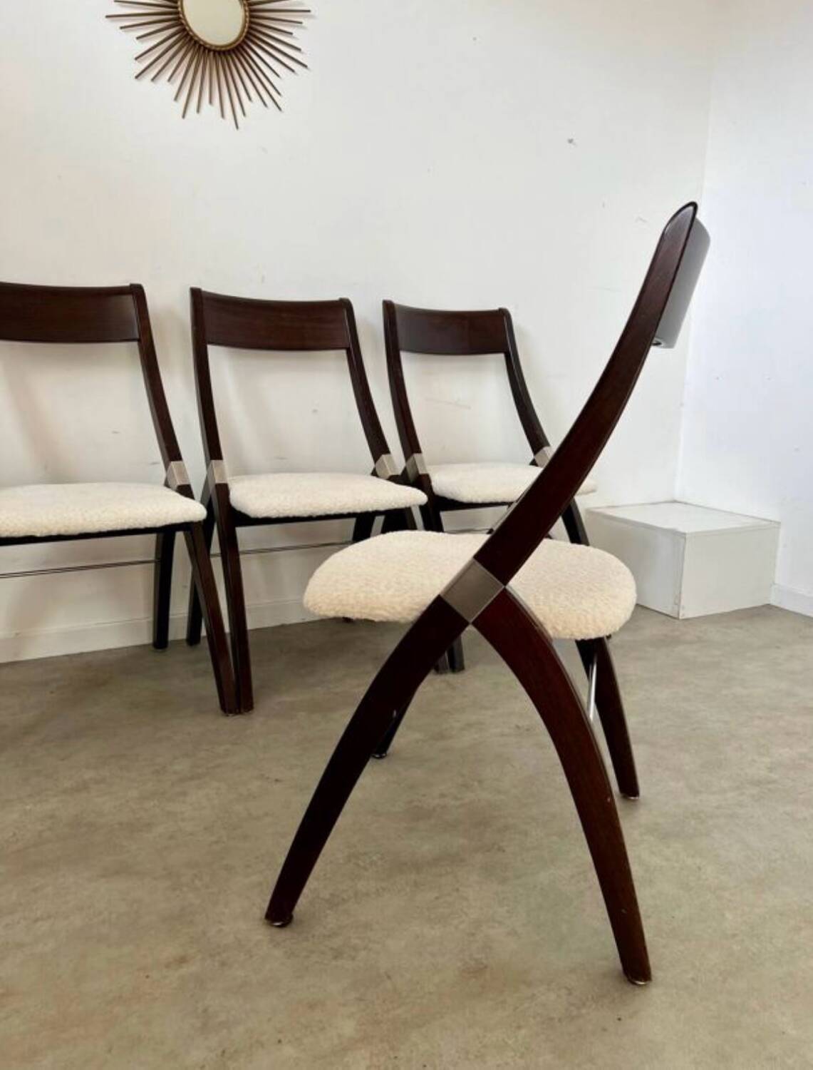 Set of 4 vintage 70s Italian design wooden and terry chairs