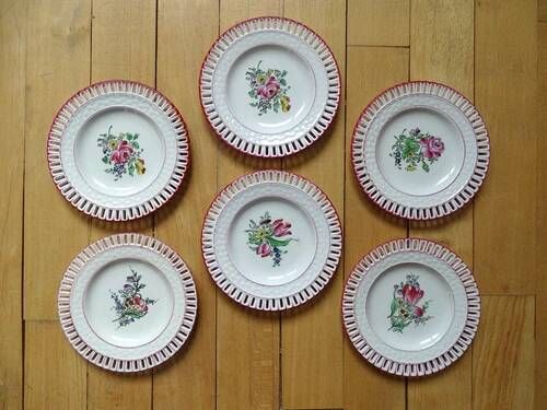 Kg luneville "reverber" 6 pierced plates antique earthenware flowers ø14.5 cm