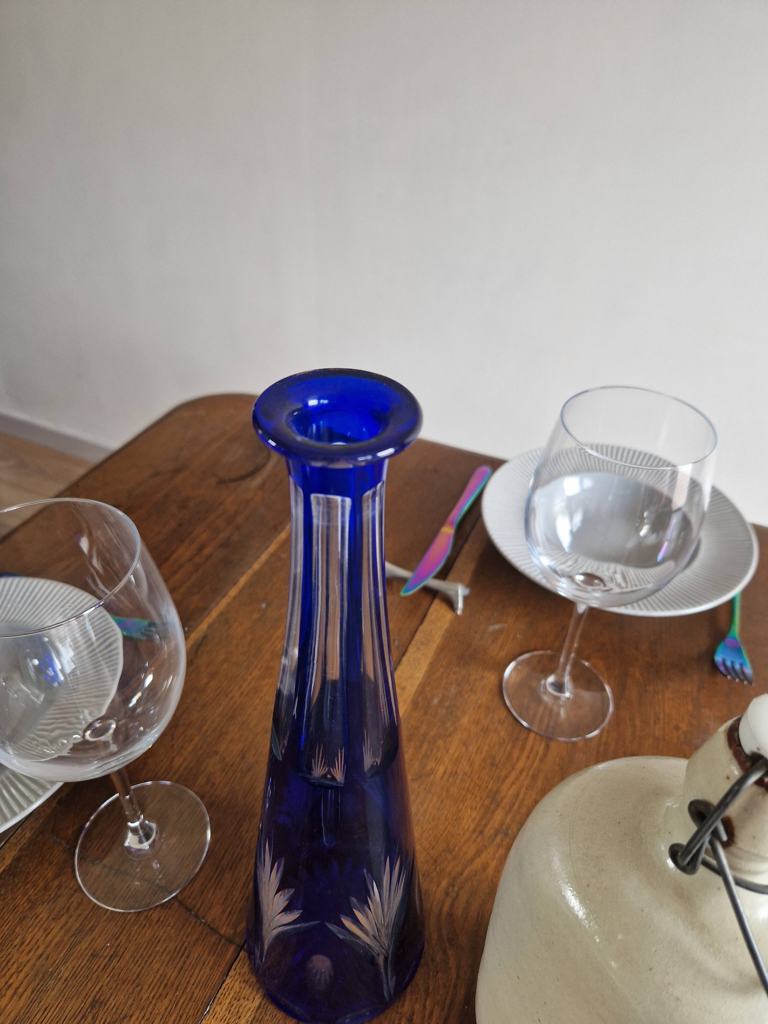 Vintage blue cut crystal bud vase - bohemian craft charm