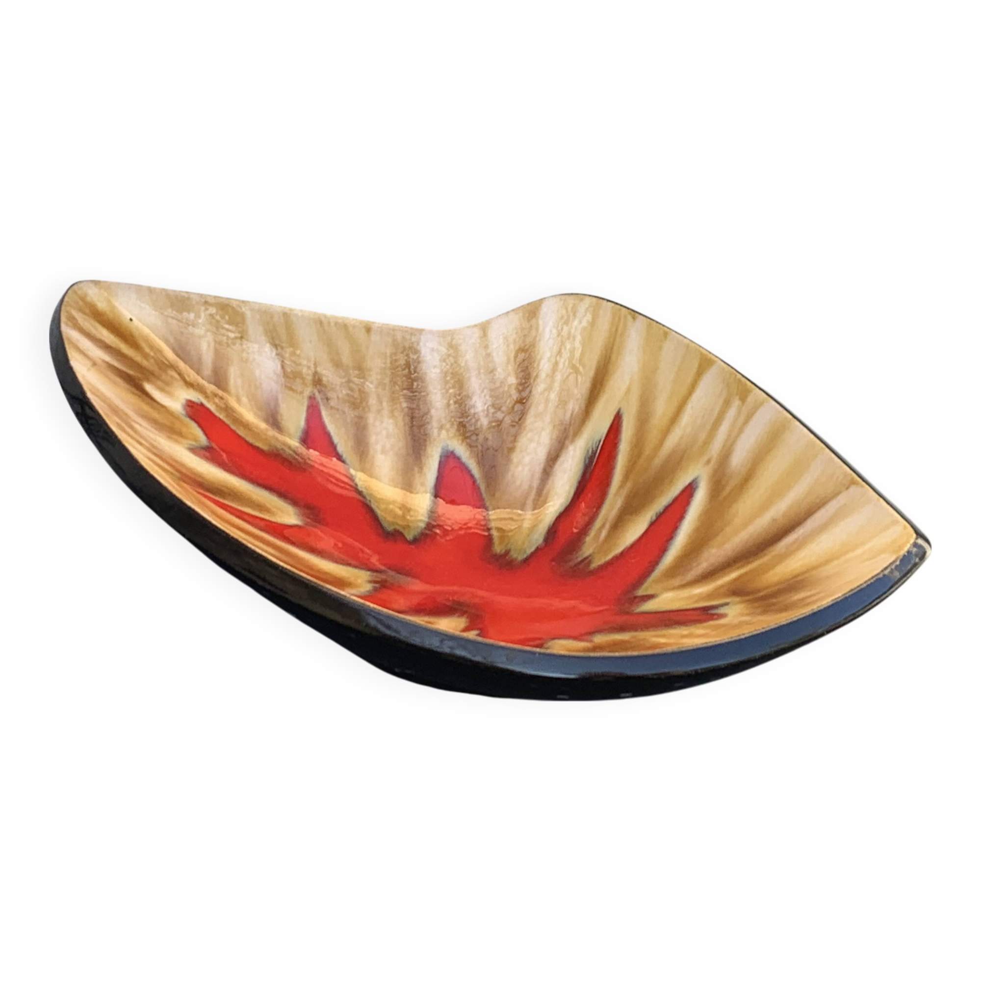 Fruit bowl in glazed ceramic, red design motif, Vallauris, vintage