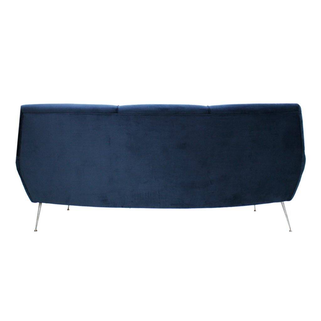 Gigi Radice Mid-Century Modern Midnight Blue Cotton Velvet Curved Italian Sofa