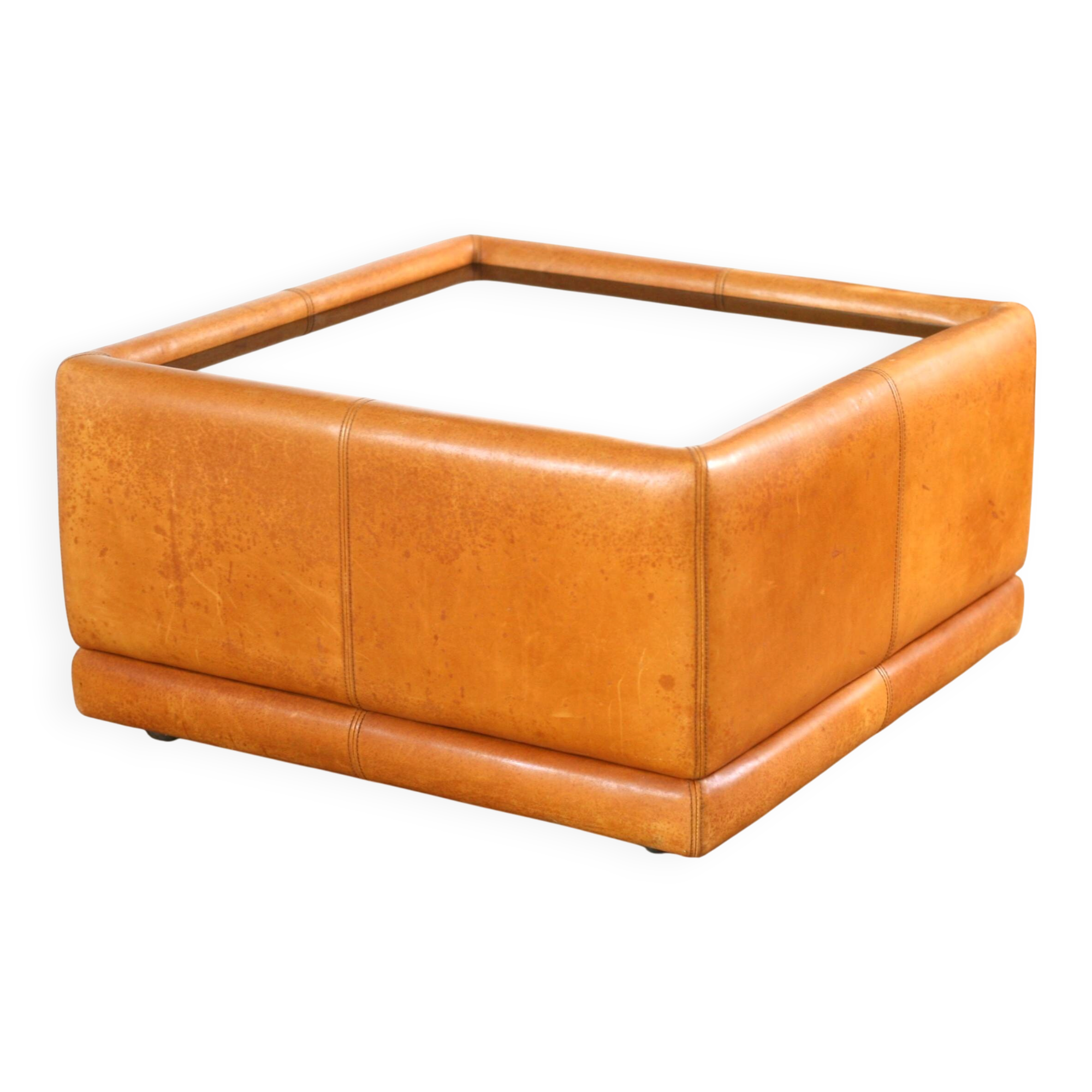 black leather and glass coffee table, vintage design
