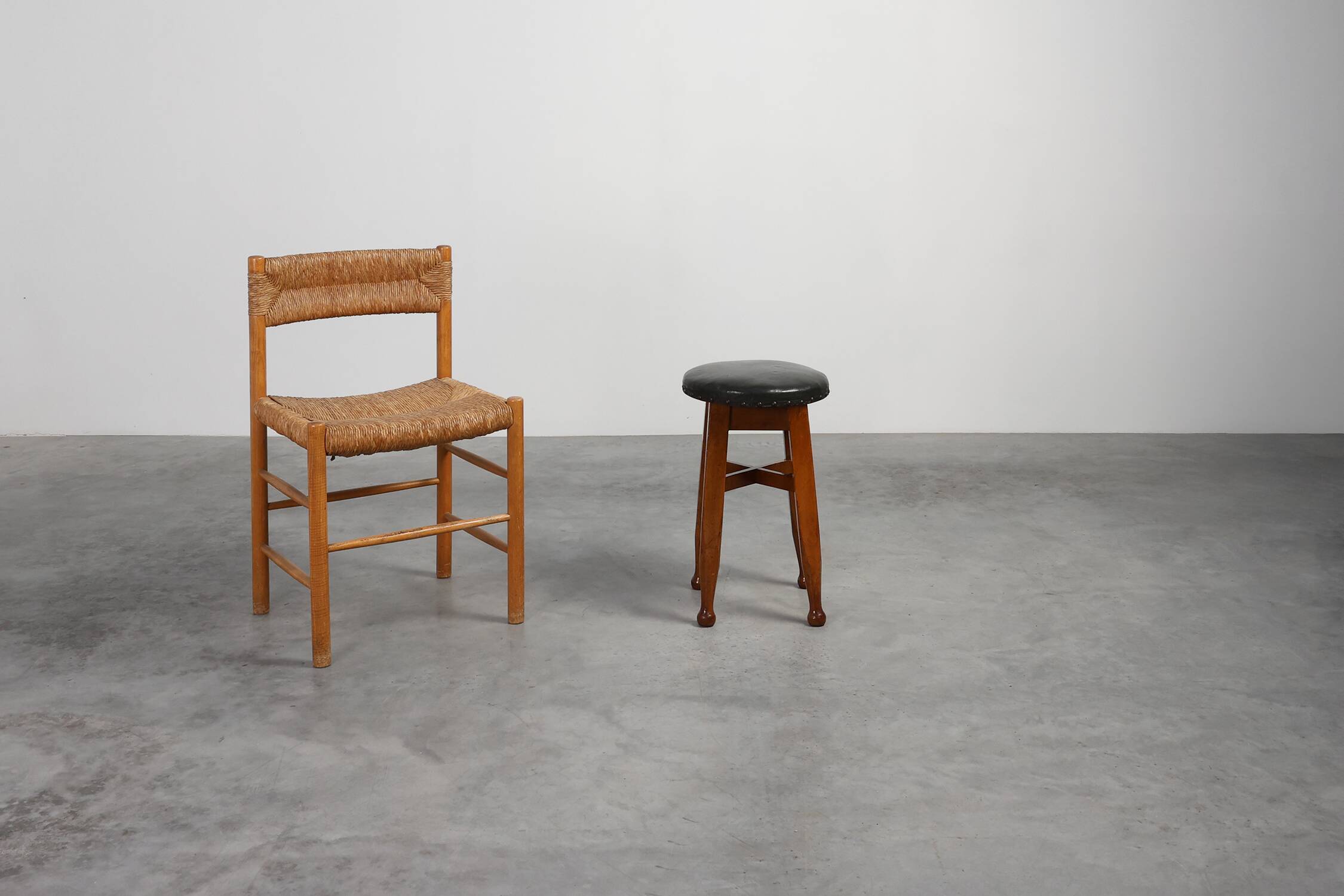 Arts & Crafts Meets Early Art Deco Oak & Leather Stool, France 1920