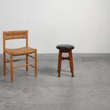 Arts & Crafts Meets Early Art Deco Oak & Leather Stool, France 1920