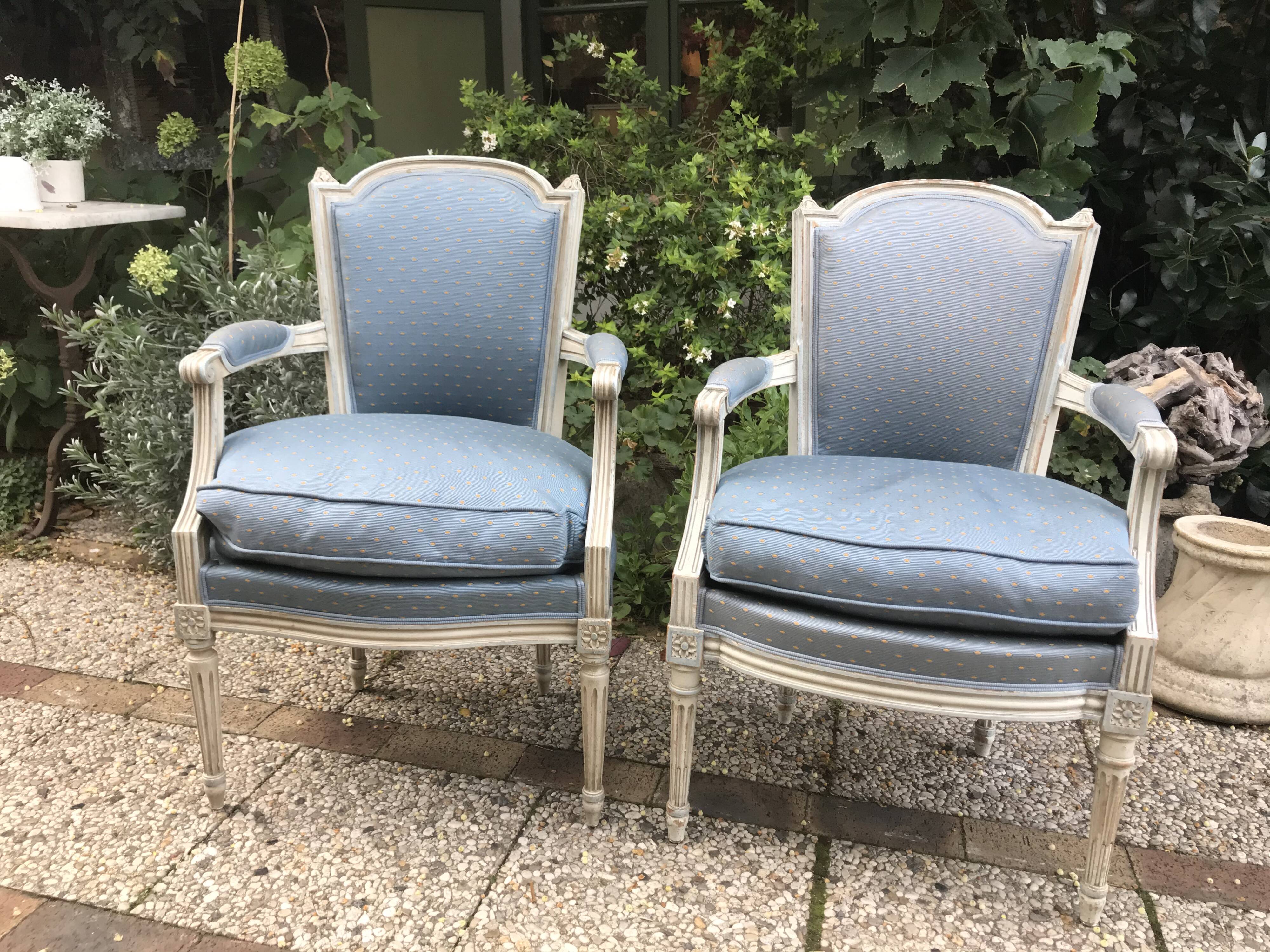 Pair of blue Louis XVI style armchairs