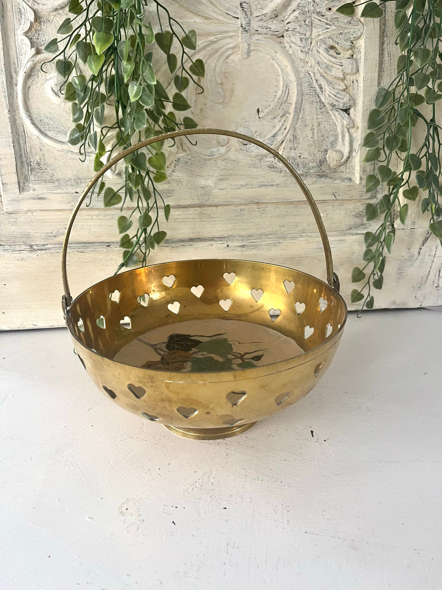 Brass cloisonne basket with handle – mid century circa 1950s art deco