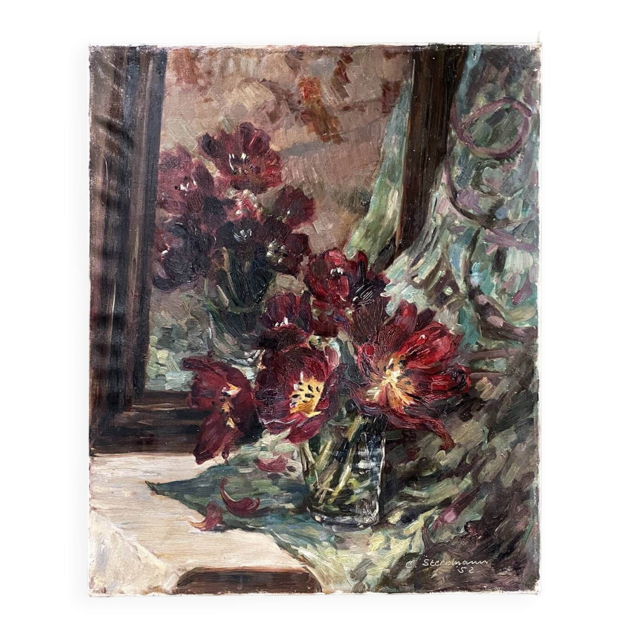Painting 1952 "Bouquet with mirror signed Stermann
