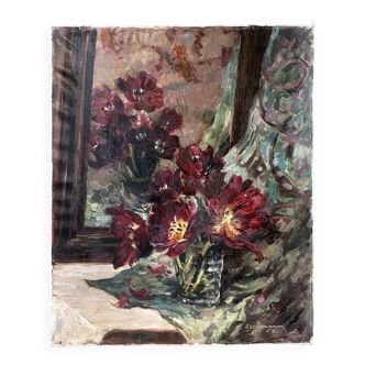 Painting 1952 "Bouquet with mirror signed Stermann