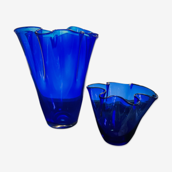 Duo de vases mouchoirs en pâte de verre années 70-80