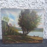 Oil on Canvas Signed F. Brison Tree and Boat by the Riverbank