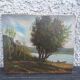Oil on Canvas Signed F. Brison Tree and Boat by the Riverbank