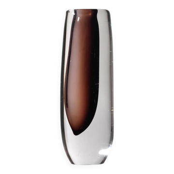 Vicke Lindstrand Sommerso Glass Vase In Clear And Brown, 1960s, Signed
