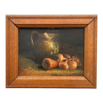 Oil on cardboard still life with pitcher and onions early twentieth century