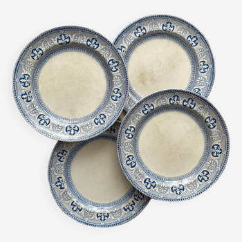 4 assiettes plates en terre de fer décor bleu clair faïence anglaise