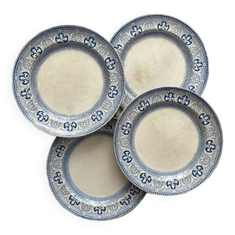 4 assiettes plates en terre de fer décor bleu clair faïence anglaise
