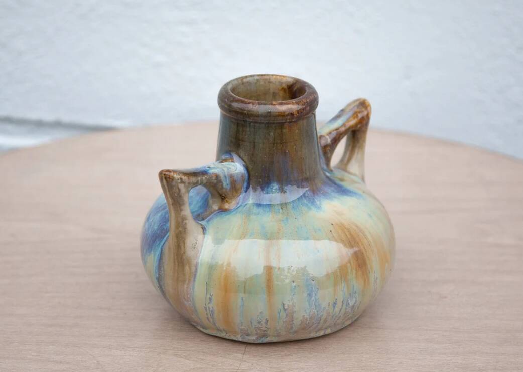 Art nouveau vase, vintage vase, enameled stoneware vase, attributed to Gilbert Metenier, vase with handles