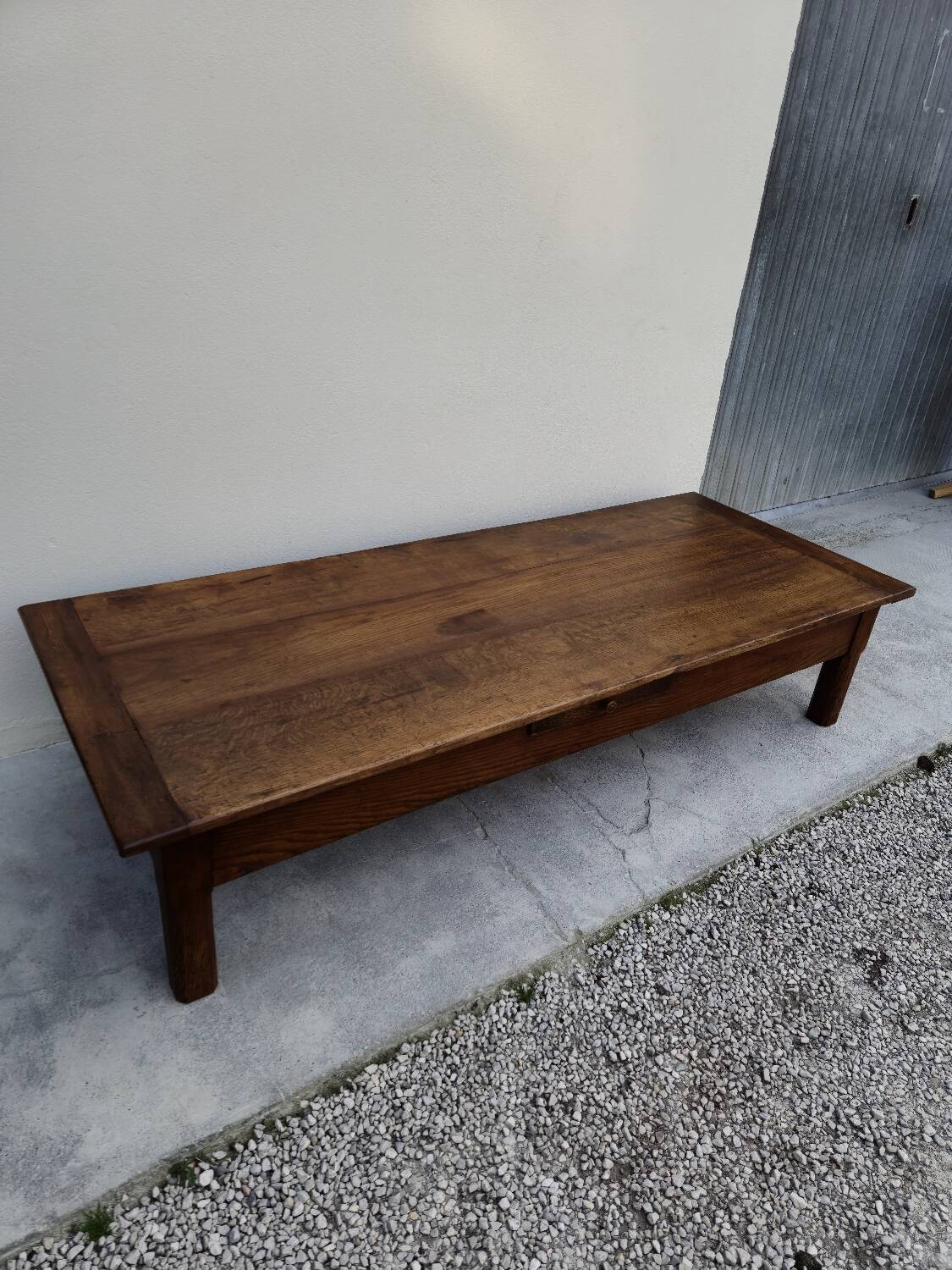 Rustic farmhouse coffee table with two drawers, solid oak, 19th century - 1.97m