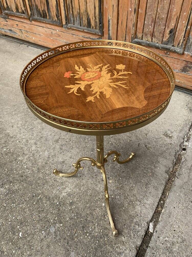 Small vintage brown wooden side table, 1950s style, decorative pedestal table.
