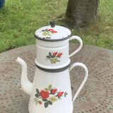 Coffee pot, in enamelled iron with patterns of red roses and white flowers, with filter, old