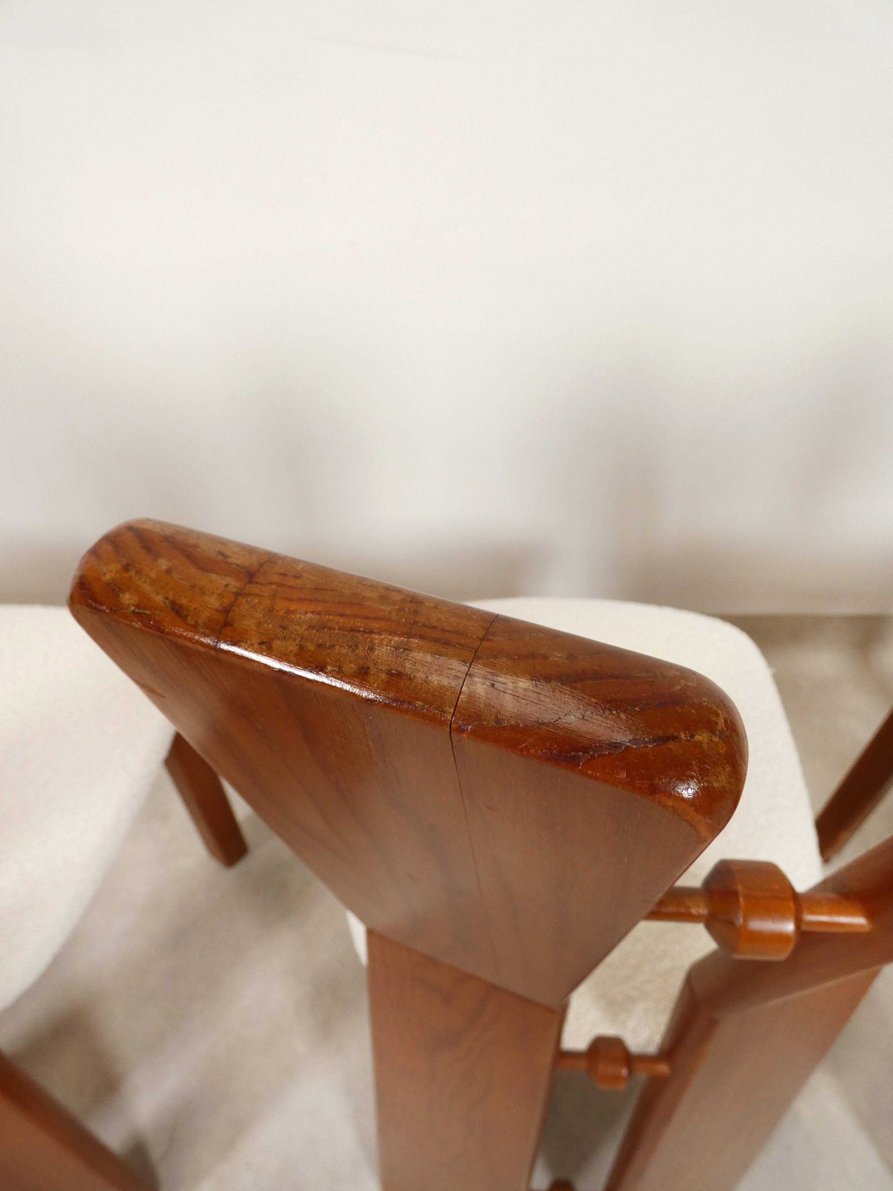 70's brutalist dining chairs in oak with bouclé fabric