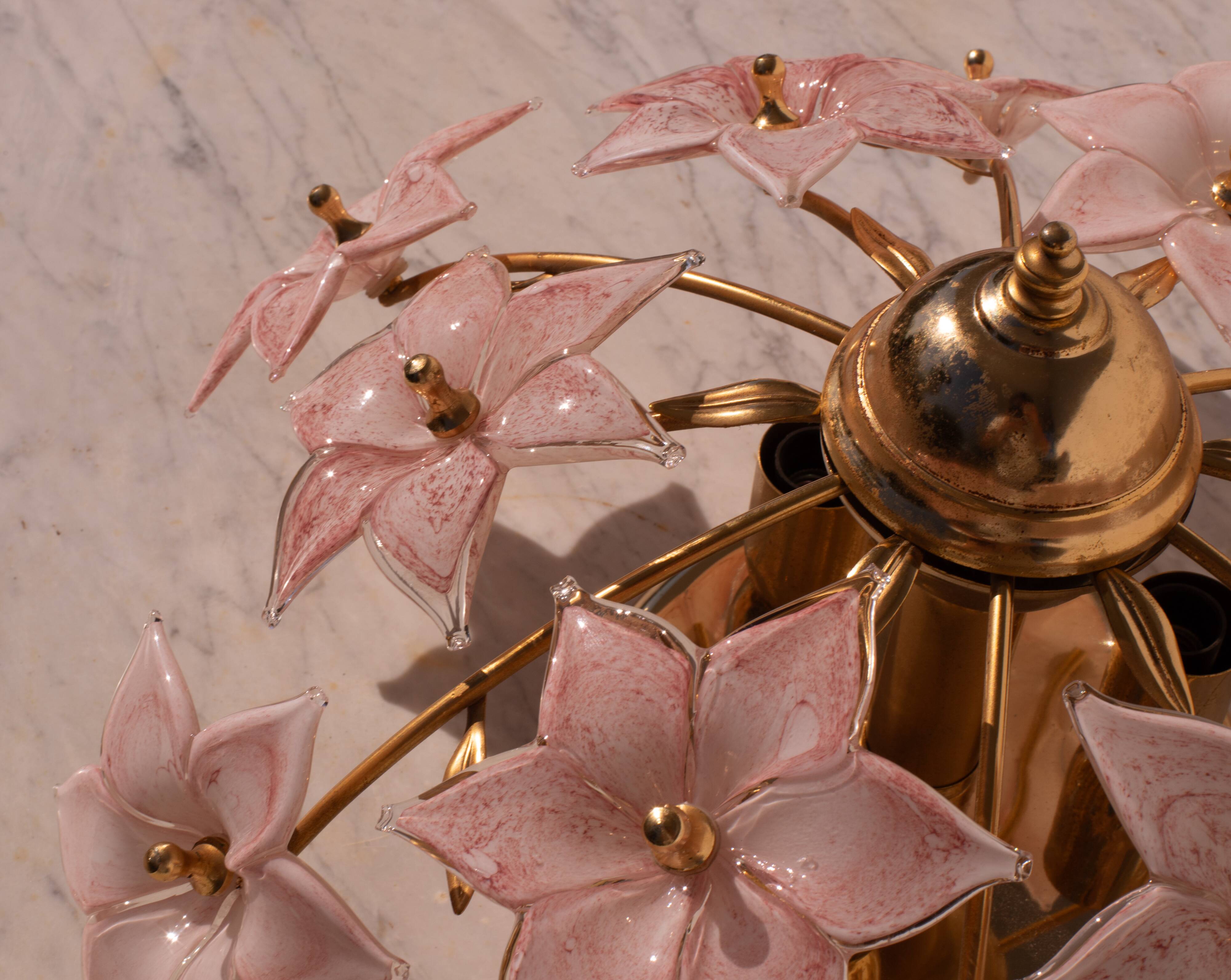 Charming Murano Vintage Ceiling Light Pink Flowers, 1970s