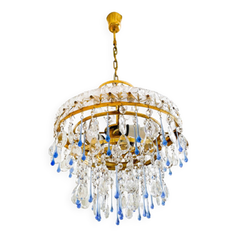 Lustre Cascade en Laiton, Cristal et Gouttes Murano – Années 60