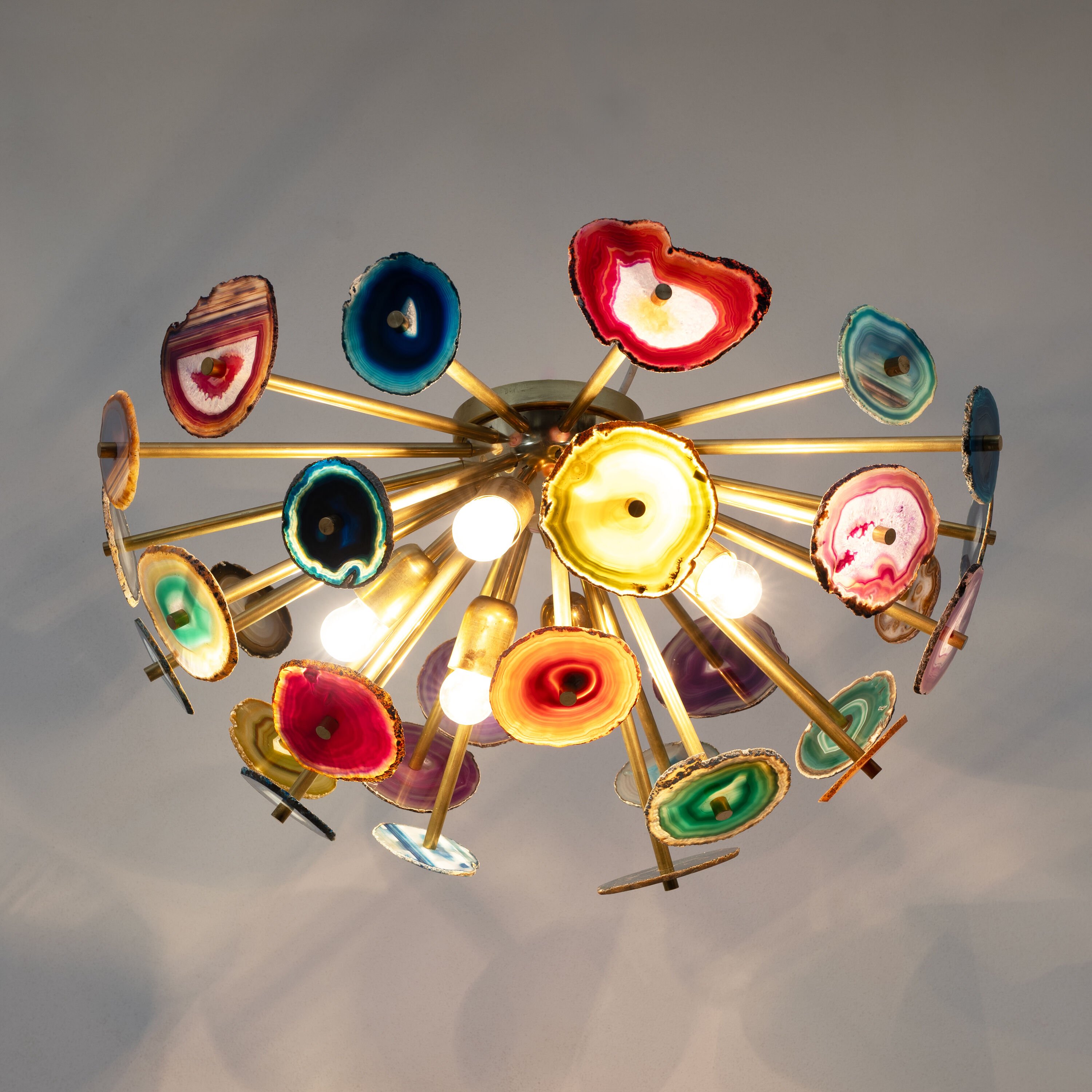 Italian-designed "Sputnik" Ceiling Lamp with Agate Stone Sections and Brass