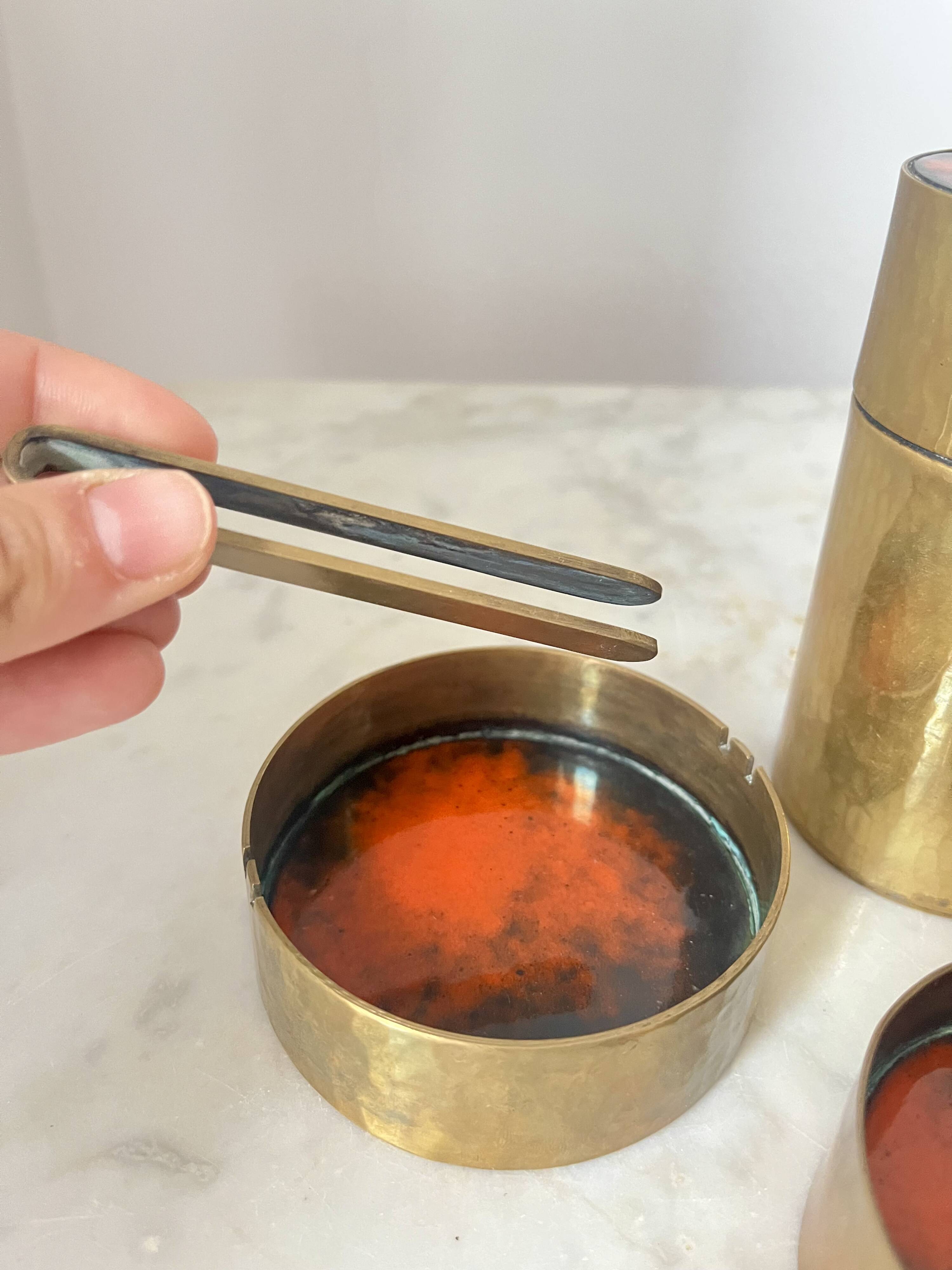 Vintage Red Enamelled Bronze Set, Ashtray, Candle Holder & Lidded Jar, 50s