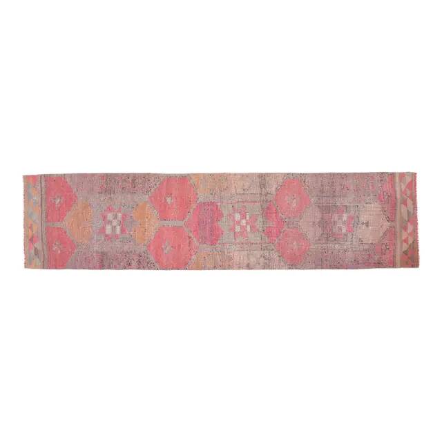 1970s Vintage Turkish Oushak Handmade Wool Cotton Pink Runner Rug 90x365