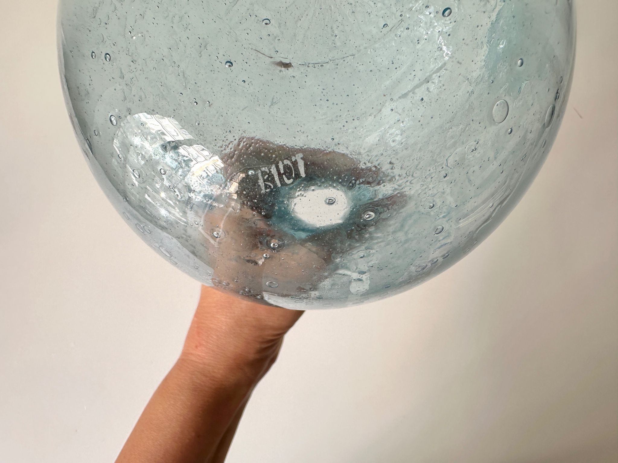 Vintage 1960s blue bubble glass BIOT carafe