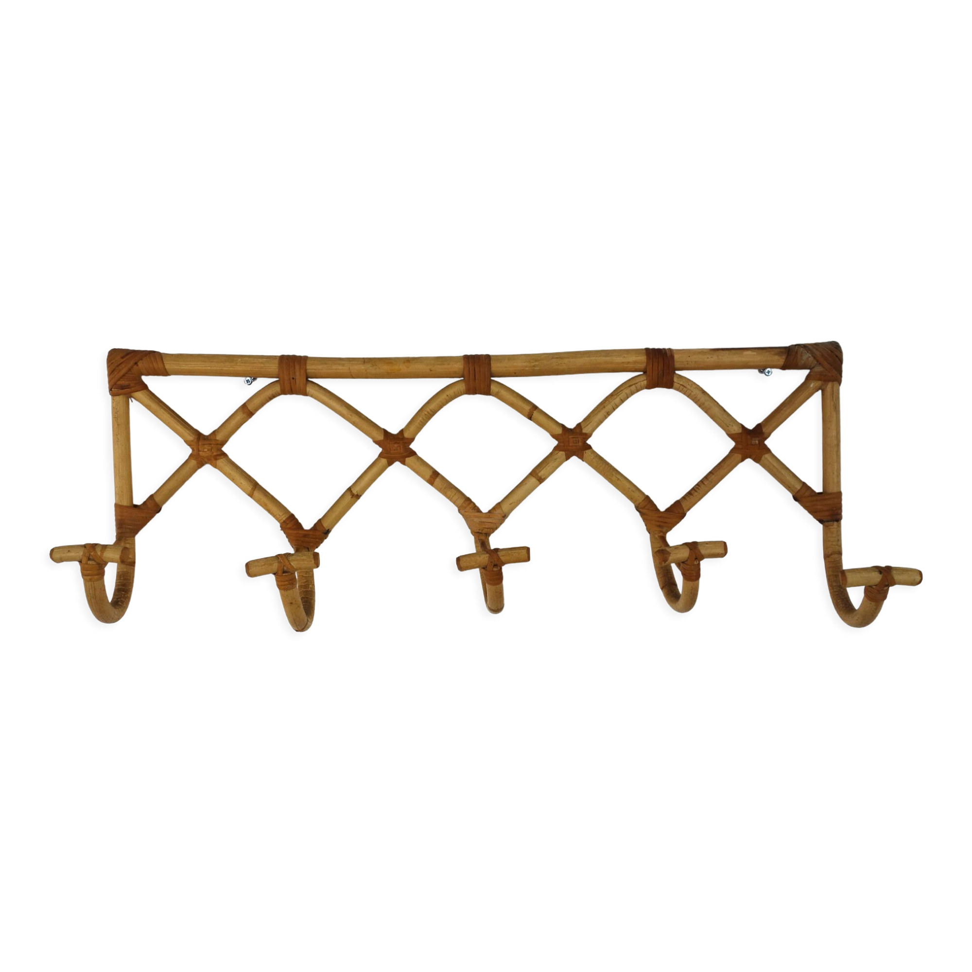 Vintage rattan coat rack 5 hooks 50s