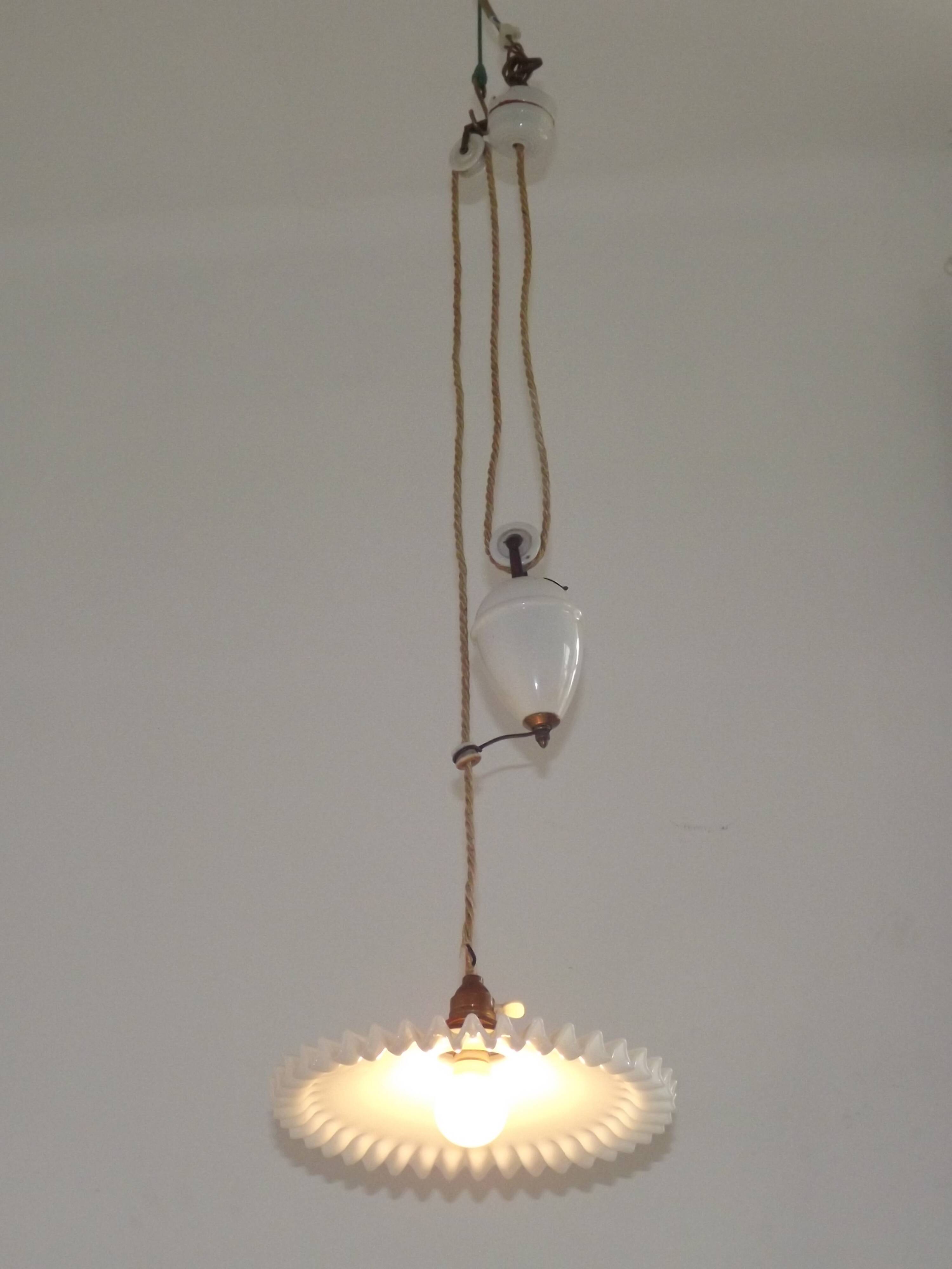 Vintage French Rise & Fall Counterbalance Ceiling Light Opaline Glass Shade