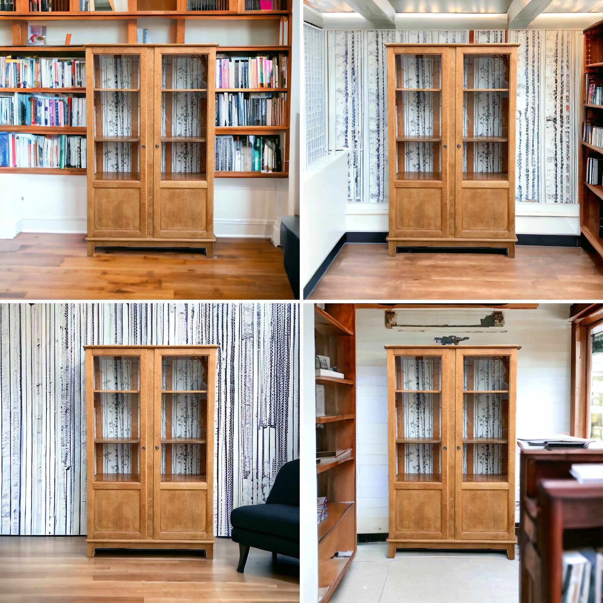 Solid raw oak school glass cabinet 1950