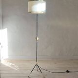 Vintage black metal tripod floor lamp and brass ball