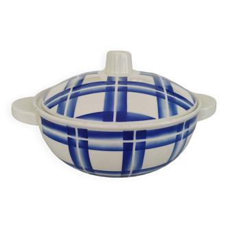 Soupière Légumier Ancien Porcelaine Opaque Badonviller Décor Carreaux Bleus Vintage