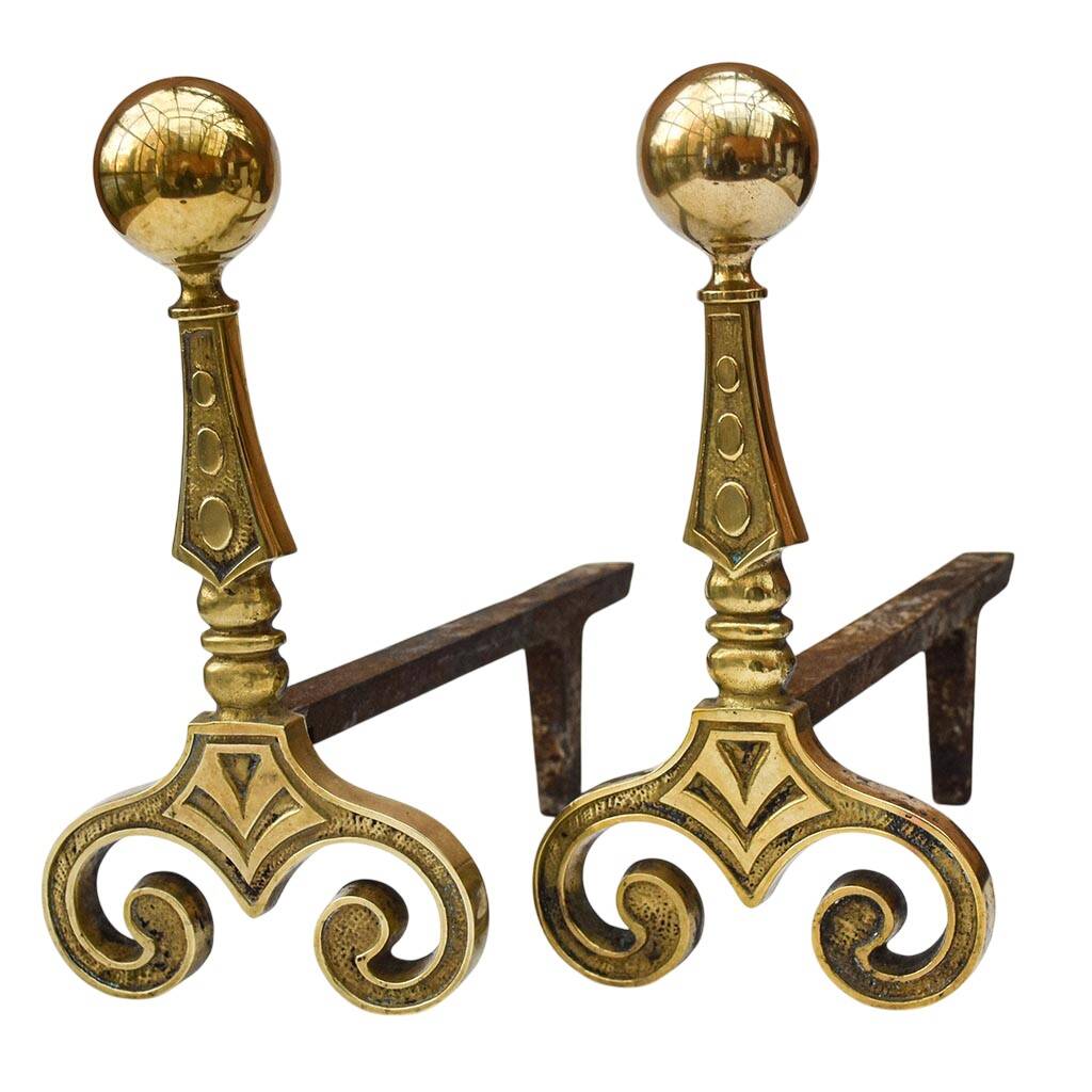 Gilded bronze andirons with rounded ball and patterns, antique fireplace accessory