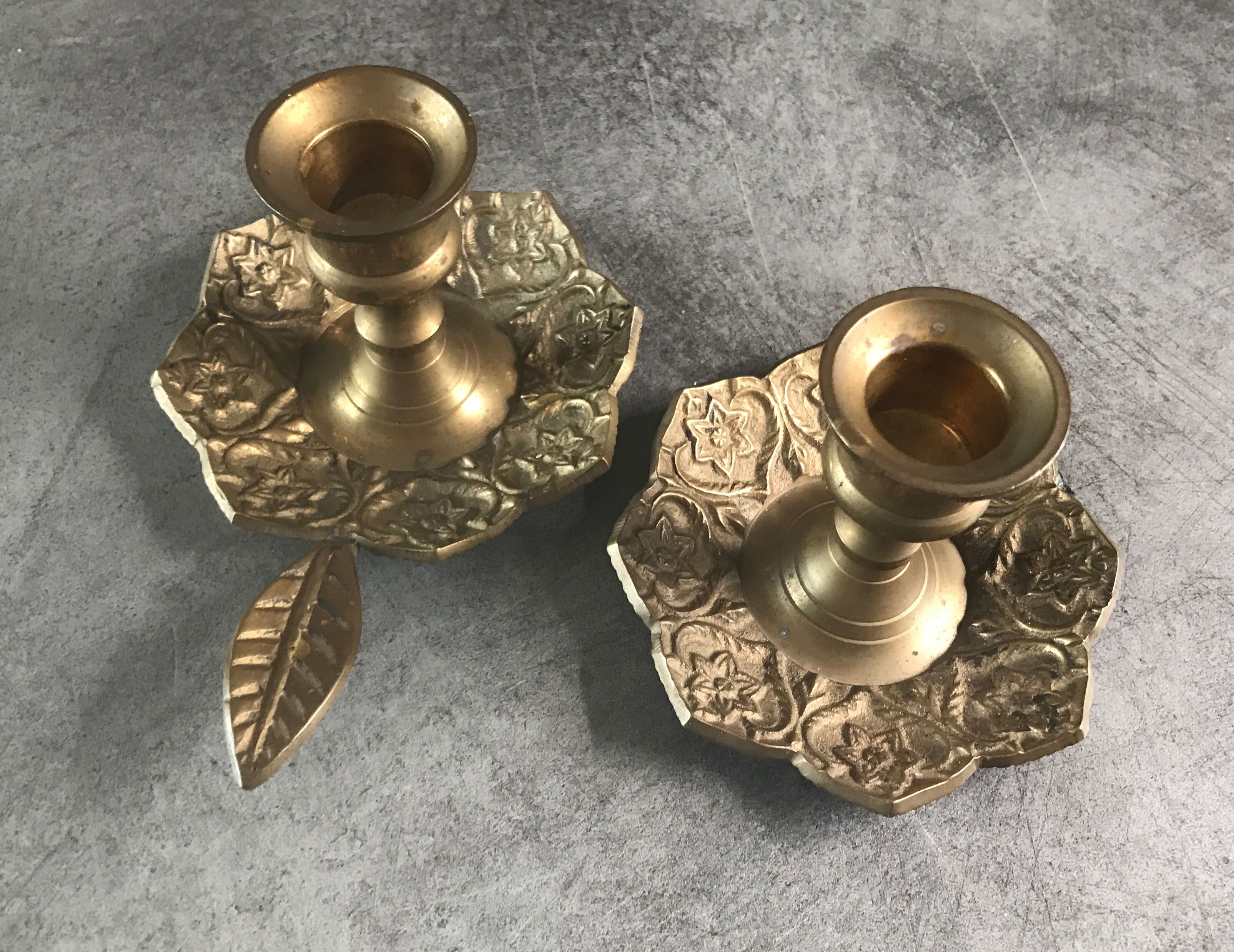 PAIR of BRASS table CANDLE HOLDERS with Flower Patterns