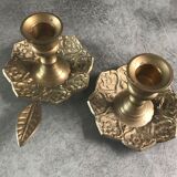 PAIR of BRASS table CANDLE HOLDERS with Flower Patterns