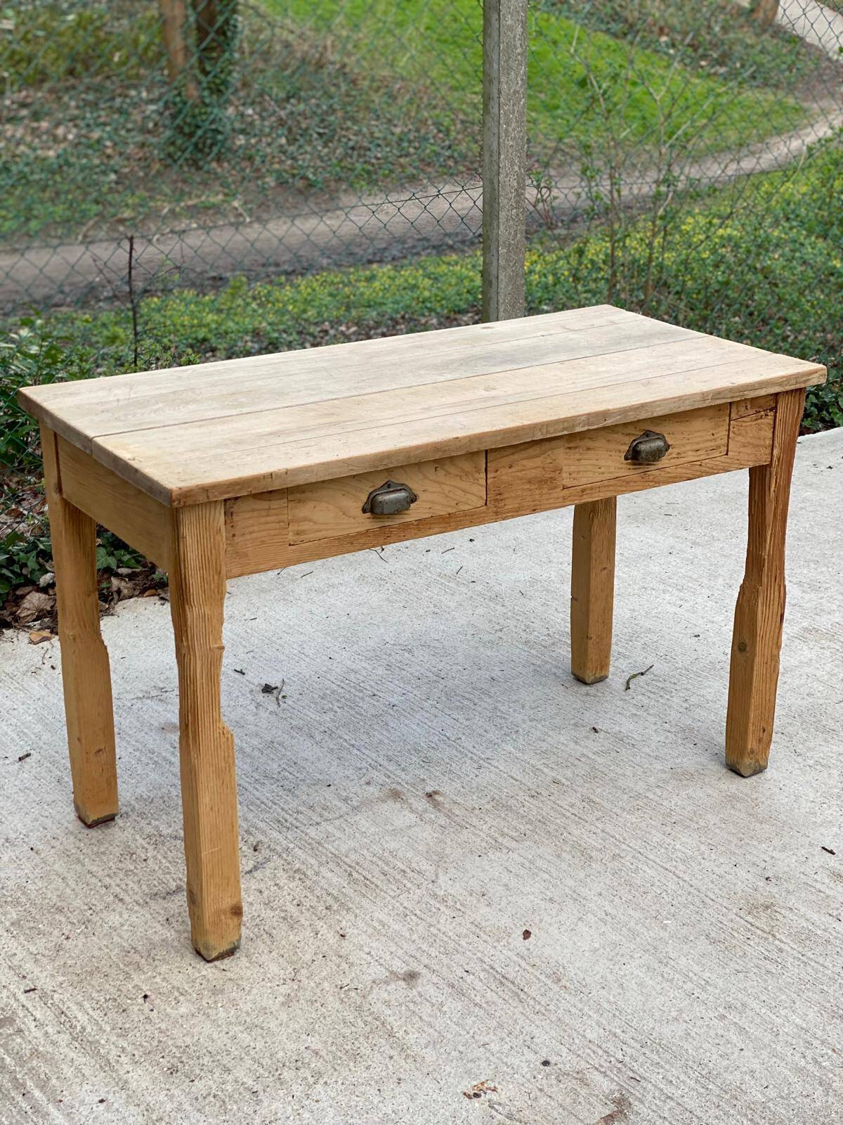Renovated Parisian desk in raw solid wood with 2 drawers