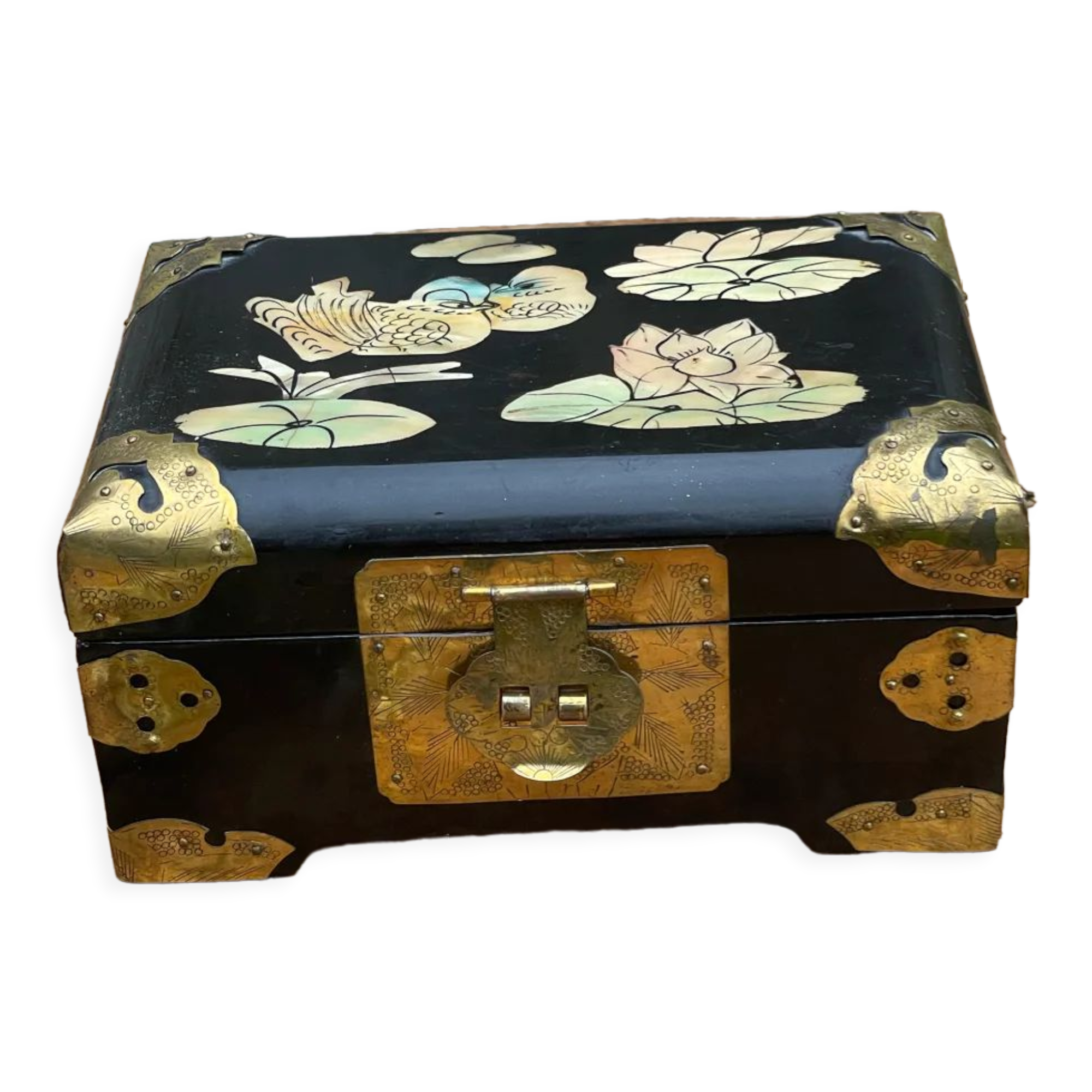 Vintage jewelry box China lacquered wood brass mother-of-pearl