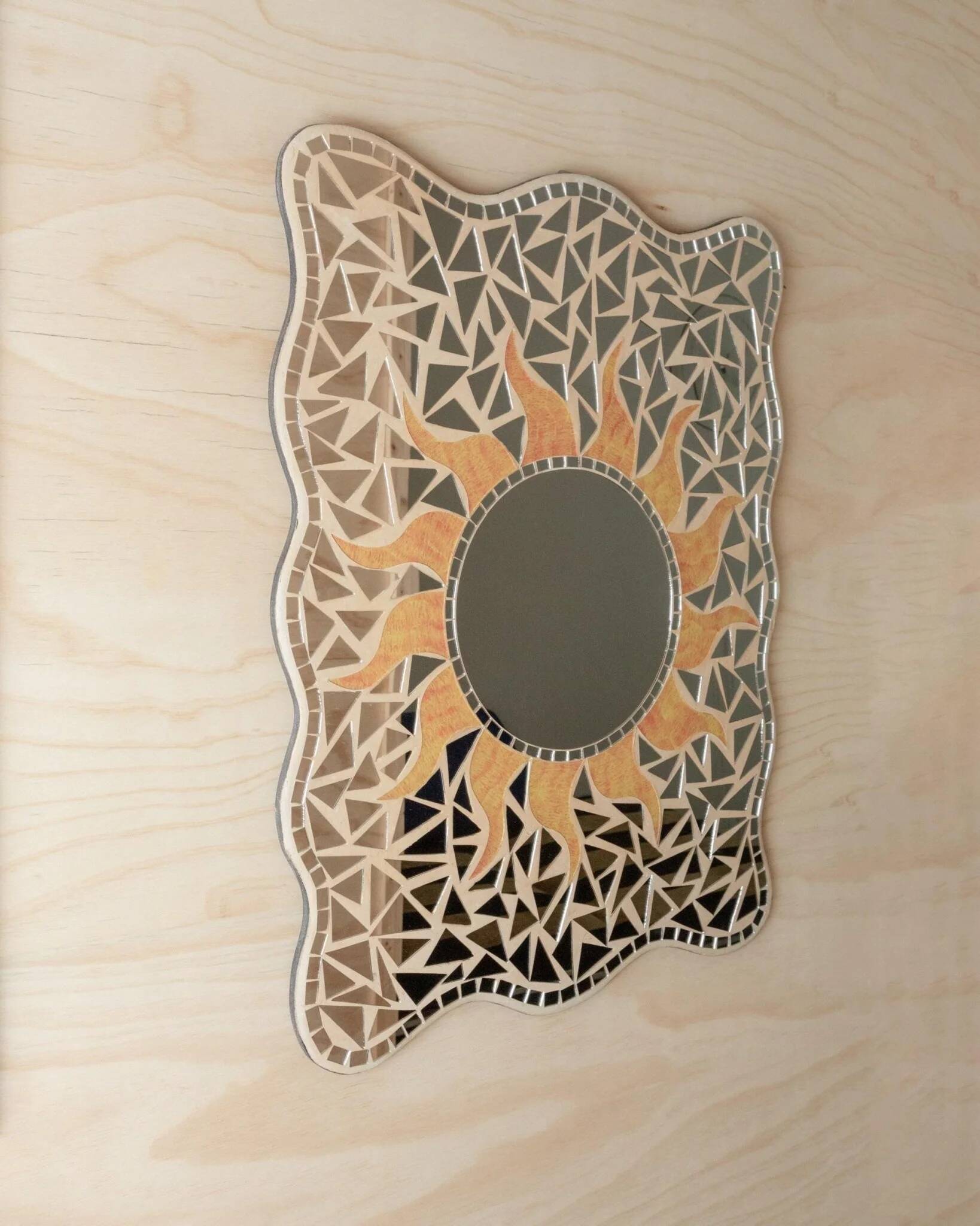 Vintage mosaic mirror sun motif - Unique piece from Italy, 1970s - Beautiful details, very decorative, bohemian style, gift idea.