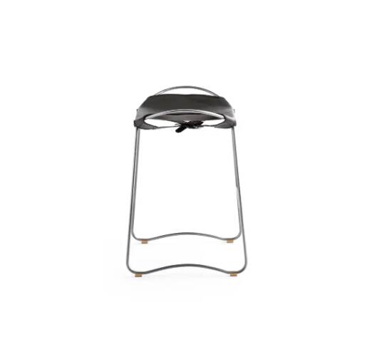 Tabouret de bar sculptural organique contemporain Métal argenté vieux et cuir noir
