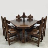 Spanish design vintage brutalist oak dining set chairs & table