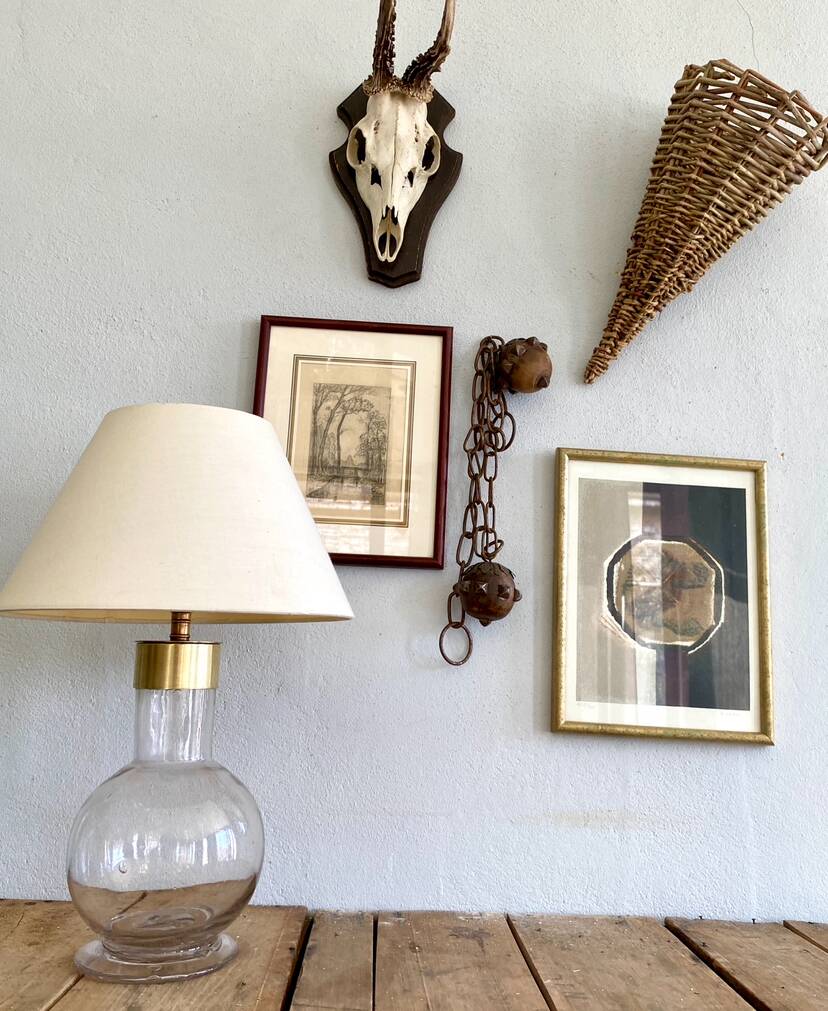 Glass lamp, brass, 2 M fabric cable, 50s lampshade