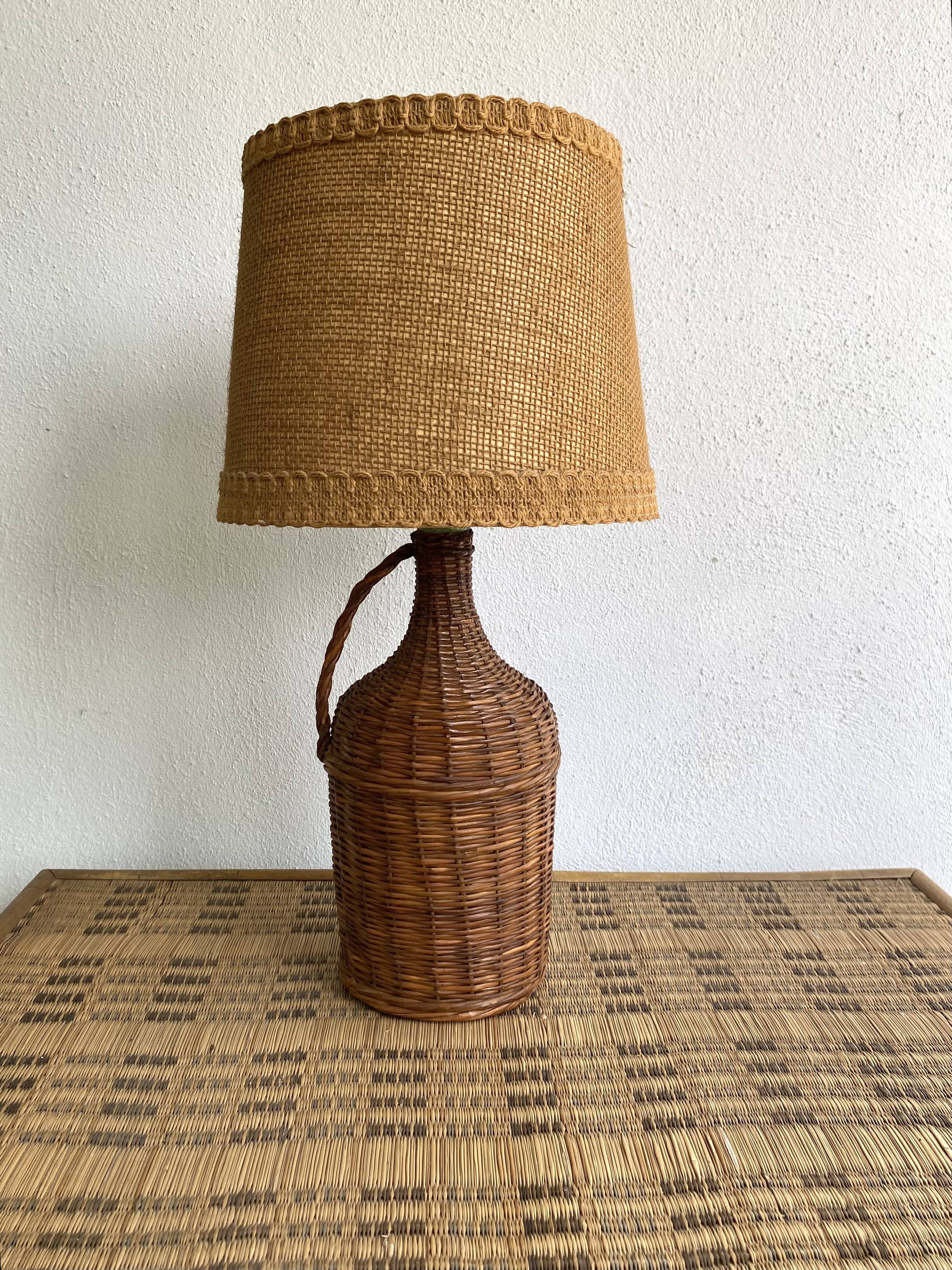Wicker lamp, jute lampshade, fabric cable 2 m
