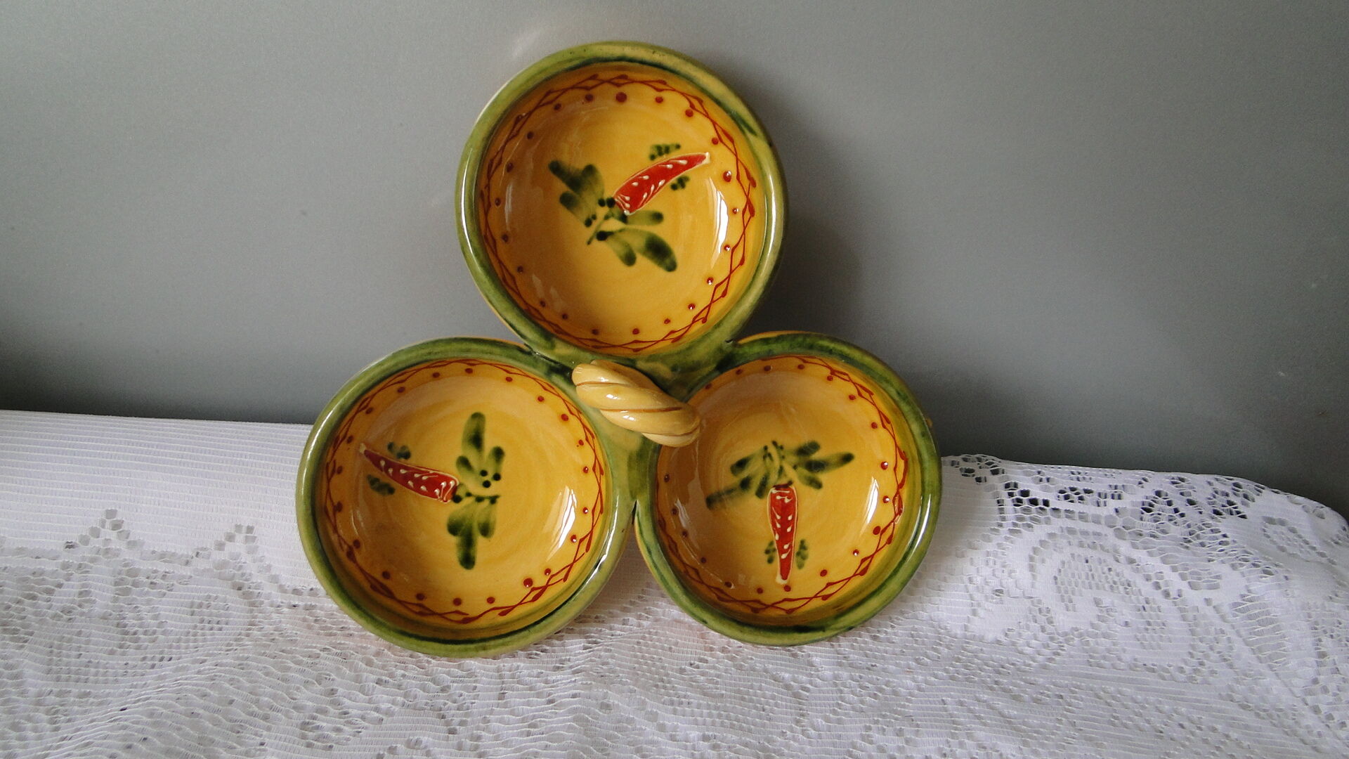 Vallauris ceramic aperitif or other serving dish with 3 compartments
