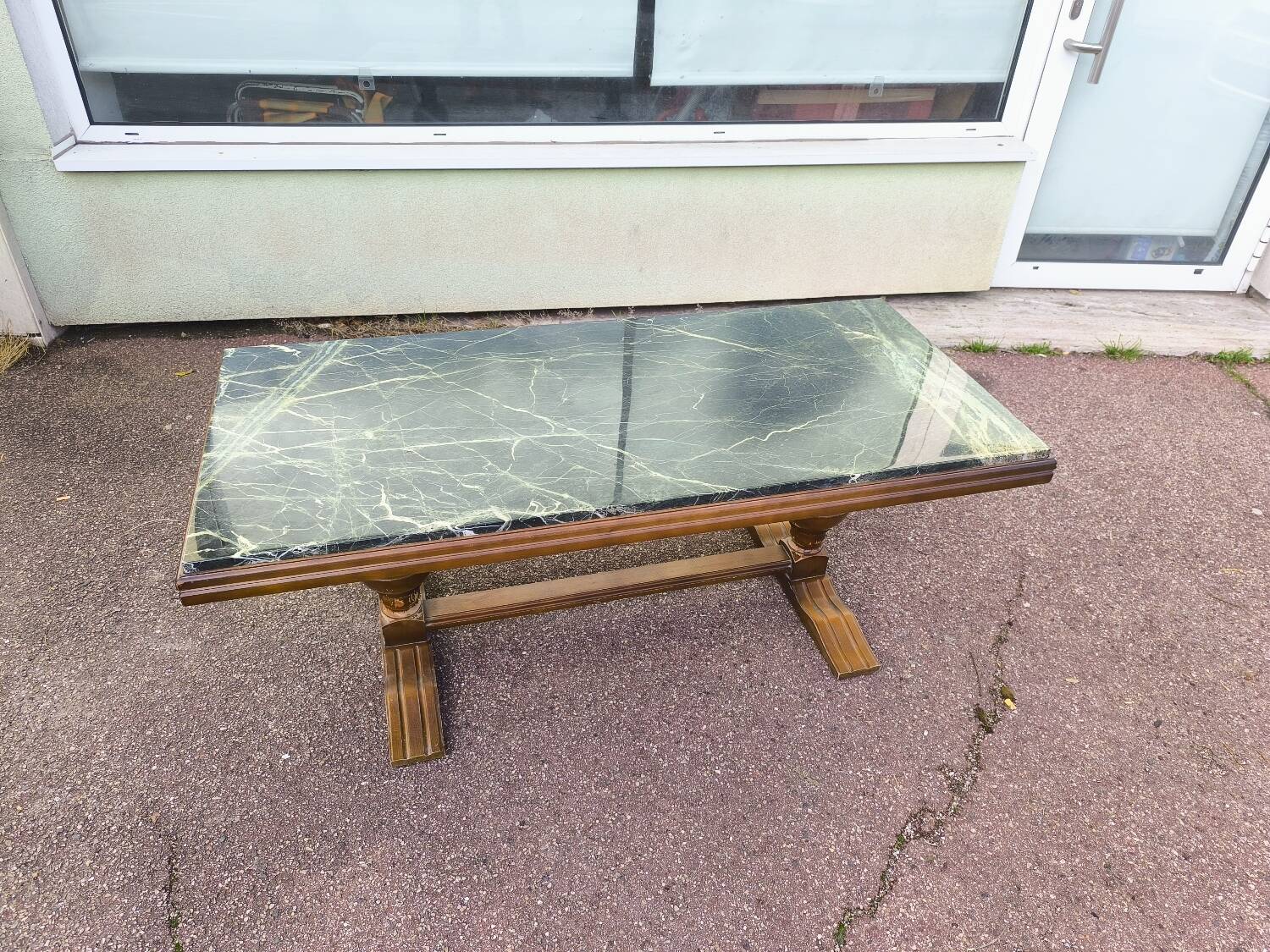 Wood and green marble coffee table